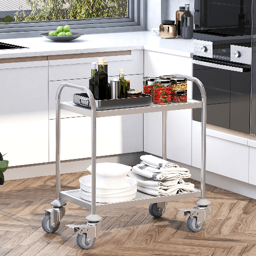 HOMCOM-Carrello-da-Cucina-2-Ripiani-con-Ruote-in-Acciaio-Inox-71x41x81cm-Argento