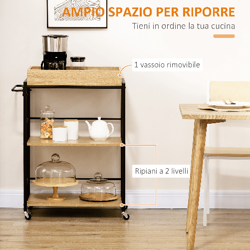 HOMCOM-Carrello-da-Cucina-a-3-Ripiani-con-Vassoio-Rimovibile-e-Ruote-Girevoli-72x40x94cm-Legno-e-Nero