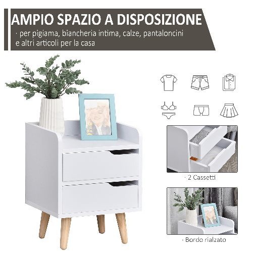 HOMCOM-Comodino-Salvaspazio-dal-Design-Moderno-in-Legno-Bianco-Piccola-Cassettiera-Camera-da-Letto-con-2-Cassetti-e-Piedini-in-Legno-di-Pino-33-x-28-x-42cm