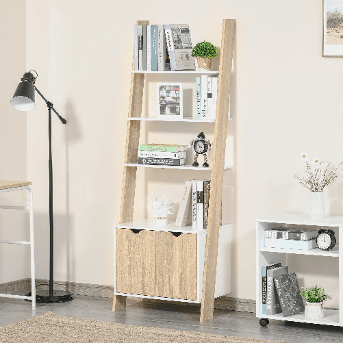 HOMCOM-Mobile-Libreria-a-Scala-con-3-Mensole-e-Armadietto-Scaffale-Moderno-Stile-Nordico-in-Legno-60x40x171cm-Rovere-e-Bianco