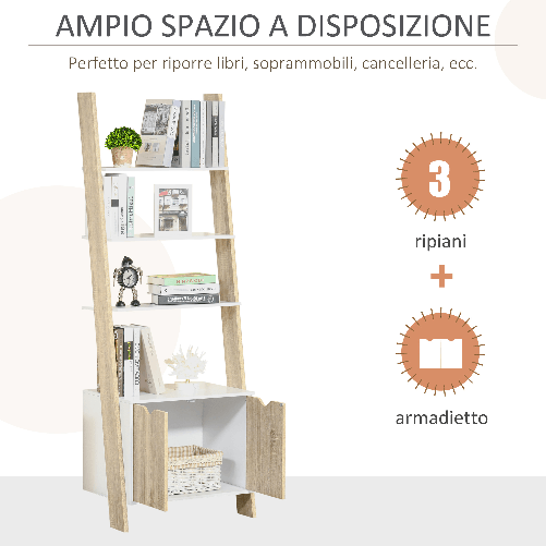 HOMCOM-Mobile-Libreria-a-Scala-con-3-Mensole-e-Armadietto-Scaffale-Moderno-Stile-Nordico-in-Legno-60x40x171cm-Rovere-e-Bianco