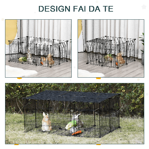 Pawhut-Gabbia-per-Conigli-e-Piccoli-Animali-22-Pannelli-Modulabili-in-Metallo-con-Porta-Nero-105-x-70-x-45cm