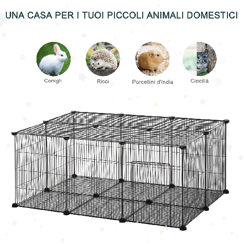 Pawhut-Gabbia-per-Conigli-e-Piccoli-Animali-22-Pannelli-Modulabili-in-Metallo-con-Porta-Nero-105-x-70-x-45cm