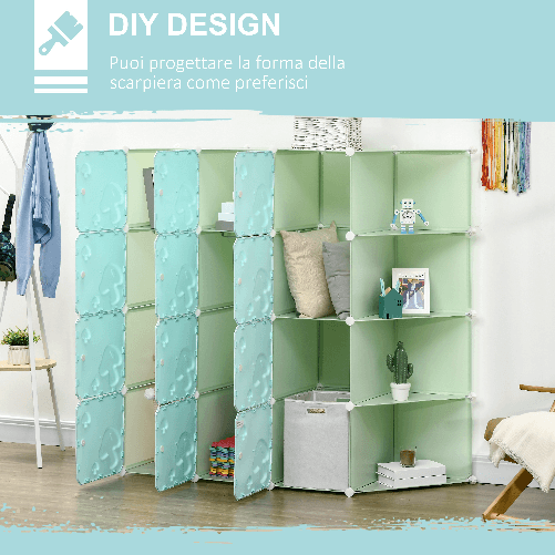 HOMCOM-Mobile-Scarpiera-Modulare-Salvaspazio-a-Fungo-16-Cubi-in-Acciaio-e-PP-145x47x145-cm-Verde-e-Blu