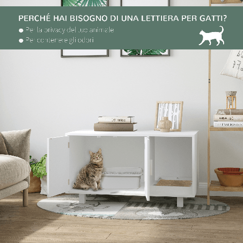 PawHut-Mobile-per-Lettiera-Gatti-in-Legno-2-Ante-e-Apertura-Laterale-con-Tiragraffi