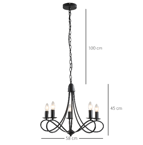 HOMCOM-Lampadario-a-Soffitto-Stile-Rustico-Acciaio-Intrecciato-Nero-con-5-Candelieri-Regolabili-e-Pieghevoli-Ф58-x-45cm