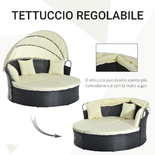 Outsunny-Set-di-Mobili-da-Giardino-in-Rattan-Tenda-Parasole-1-Lettino-1-Poggiapiedi-3-Cuscini-Quadrati-e-4-Cuscini-Poliestere-180g-m²-Crema-Nero-Max-180Kg-171x180x78cm