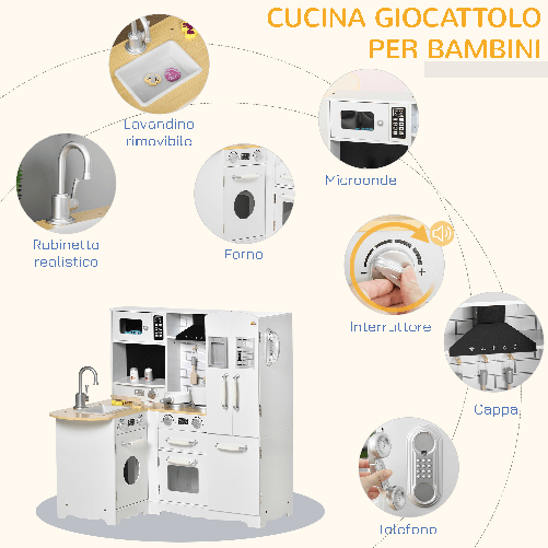 HOMCOM-Cucina-Giocattolo-per-Bambini-3-6-Anni-in-Legno-con-Suoni-14-Accessori-Forno-Lavandino-e-Frigo-82x65x87cm---Bianco