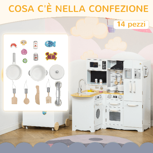 HOMCOM-Cucina-Giocattolo-per-Bambini-3-6-Anni-in-Legno-con-Suoni-14-Accessori-Forno-Lavandino-e-Frigo-82x65x87cm---Bianco