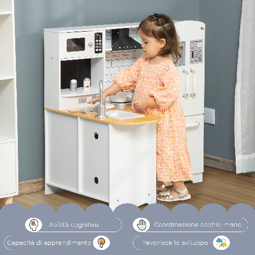 HOMCOM-Cucina-Giocattolo-per-Bambini-3-6-Anni-in-Legno-con-Suoni-14-Accessori-Forno-Lavandino-e-Frigo-82x65x87cm---Bianco