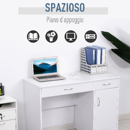 HOMCOM-Scrivania-Moderna-per-PC-e-Computer-con-2-Cassetti-e-1-Armadietto-Scrivania-con-Libreria-Salvaspazio-per-Ufficio-o-Camera-in-Legno-Bianco