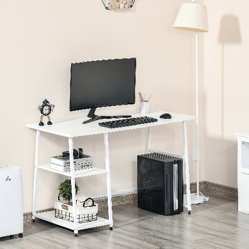 HOMCOM-Scrivania-con-2-Ripiani-Laterali-in-Legno-e-Acciaio-Bianco