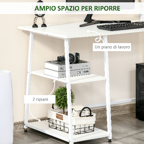 HOMCOM-Scrivania-con-2-Ripiani-Laterali-in-Legno-e-Acciaio-Bianco