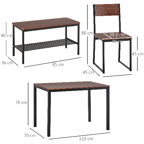 HOMCOM-Set-Tavolo-da-Pranzo-con-2-Sedie-Stile-Industriale-e-Panca-2-Posti-in-Legno-e-Metallo-per-Soggiorno-e-Cucina-Nero-e-Marrone