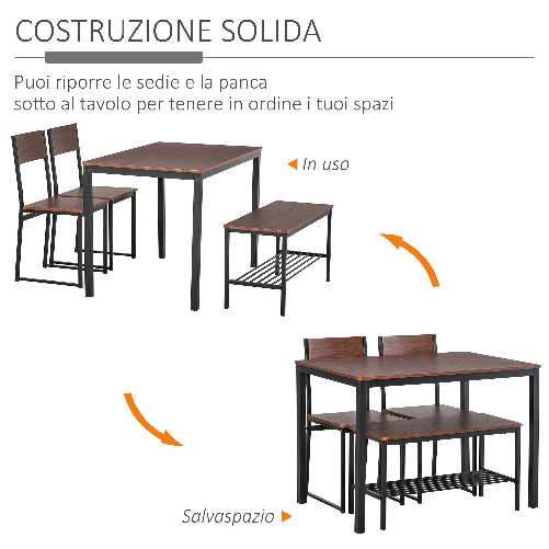 HOMCOM-Set-Tavolo-da-Pranzo-con-2-Sedie-Stile-Industriale-e-Panca-2-Posti-in-Legno-e-Metallo-per-Soggiorno-e-Cucina-Nero-e-Marrone