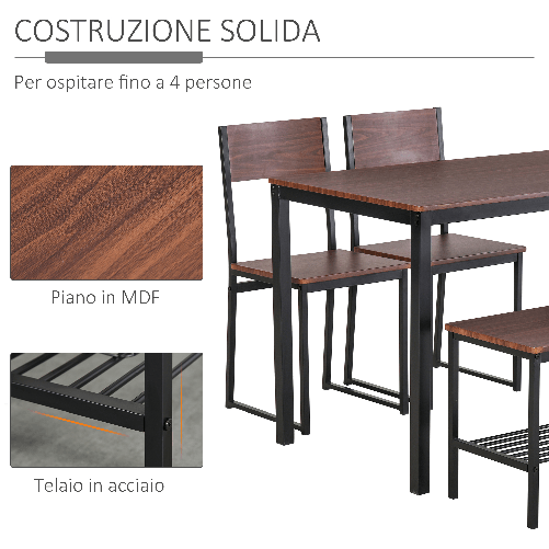 HOMCOM-Set-Tavolo-da-Pranzo-con-2-Sedie-Stile-Industriale-e-Panca-2-Posti-in-Legno-e-Metallo-per-Soggiorno-e-Cucina-Nero-e-Marrone