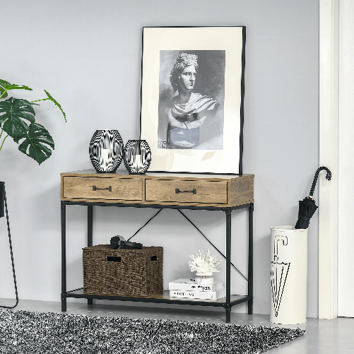 HOMCOM-Tavolo-Consolle-da-Ingresso-Vintage-in-Metallo-e-Legno-Tavolino-da-Salotto-e-Soggiorno---Marrone