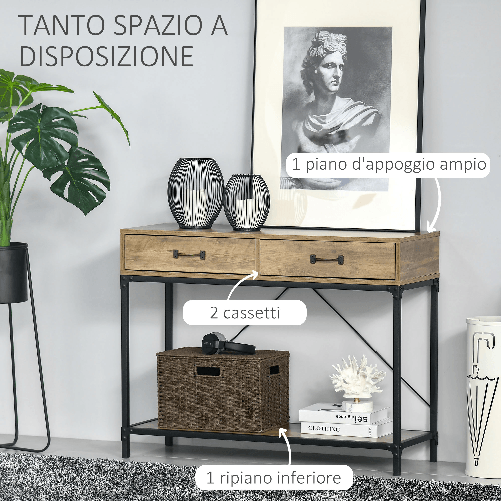 HOMCOM-Tavolo-Consolle-da-Ingresso-Vintage-in-Metallo-e-Legno-Tavolino-da-Salotto-e-Soggiorno---Marrone