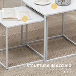 HOMCOM-Set-2-Tavolini-da-Caffe-Impilabili-Quadrati-in-Acciaio-Bianco