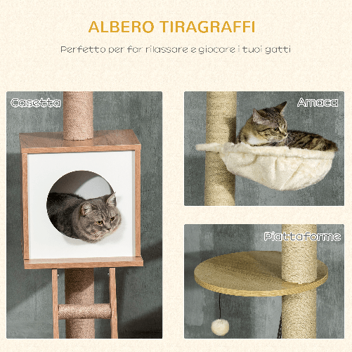 PawHut-Albero-per-Gatti-in-Truciolato-ad-Altezza-Regolabile-con-Tiragraffi-Casetta-Amaca-e-Pallina-40x40x225-285-cm