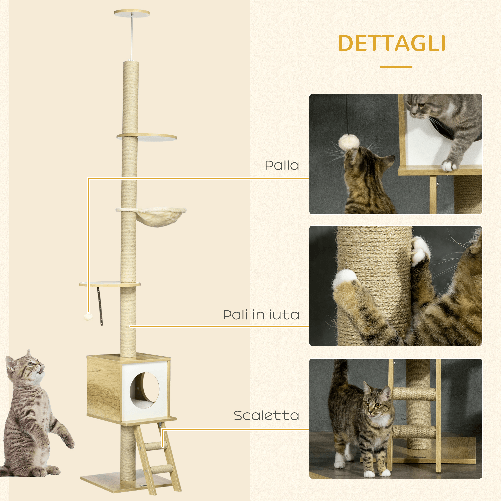 PawHut-Albero-per-Gatti-in-Truciolato-ad-Altezza-Regolabile-con-Tiragraffi-Casetta-Amaca-e-Pallina-40x40x225-285-cm