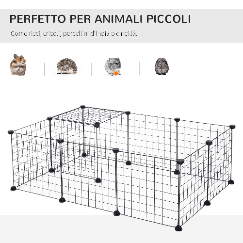 PawHut-Recinto-per-Cuccioli-e-Piccoli-Animali-Modulabile-in-Metallo-e-PP-12-Pannelli-da-35x35-cm-Nero