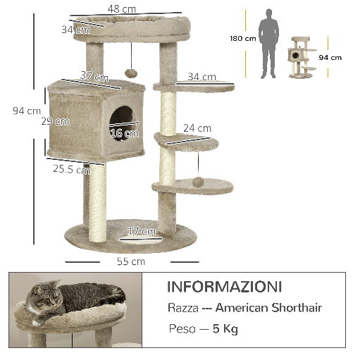 PawHut-Albero-Tiragraffi-per-Gatti-con-Pali-in-Sisal-Lettino-Casetta-e-Piattaforme-55x55x94-cm-Marrone