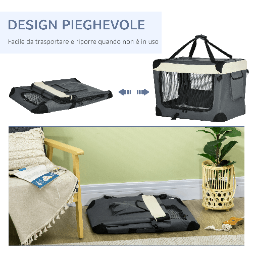 PawHut-Trasportino-per-Cani-e-Gatti-fino-4kg-Pieghevole-con-3-Aperture-e-Cuscino-70x51x50cm-Grigio