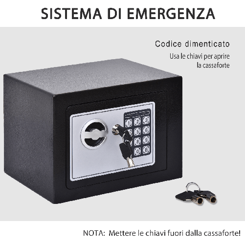 HOMCOM-Mini-Cassaforte-Elettronica-con-Combinazione-e-Chiavi-di-Emergenza-in-Acciaio-con-Fissaggio-a-Muro-23x17x17cm-Nero