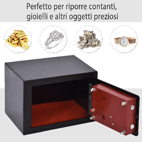 HOMCOM-Mini-Cassaforte-Elettronica-con-Combinazione-e-Chiavi-di-Emergenza-in-Acciaio-con-Fissaggio-a-Muro-23x17x17cm-Nero