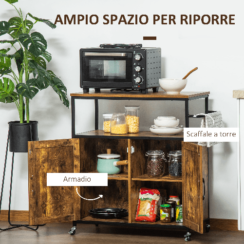 HOMCOM-Carrello-da-Cucina-con-Ripiano-Aperto-Armadietto-Portasciugamani-e-4-Ruote-90x40x90cm