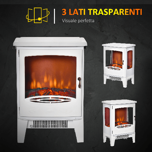 HOMCOM-Camino-Elettrico-Effetto-Fiamma-e-3-Lati-Aperti-Temperatura-Regolabile-Copertura-20-25m²---Bianco