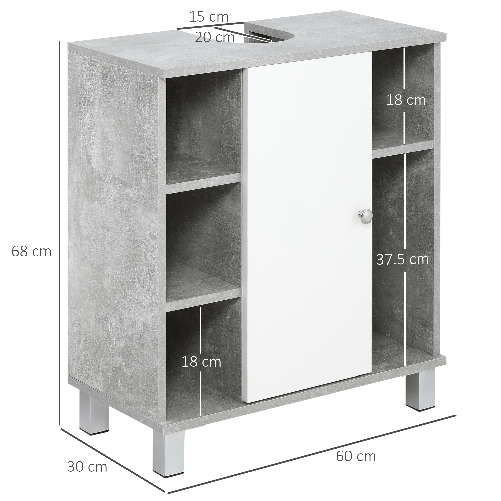 kleankin-Mobiletto-Sottolavandino-con-Intaglio-a-U-e-6-Ripiani-in-Legno-60x30x68cm---Bianco-Grigio