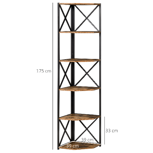 HOMCOM-Libreria-Angolare-a-Muro-Scaffale-Stile-Industriale-in-Legno-e-Metallo-con-5-Ripiani-39x39x175cm-Marrone-Rustico