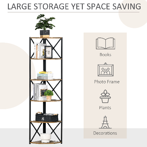 HOMCOM-Libreria-Angolare-a-Muro-Scaffale-Stile-Industriale-in-Legno-e-Metallo-con-5-Ripiani-39x39x175cm-Marrone-Rustico