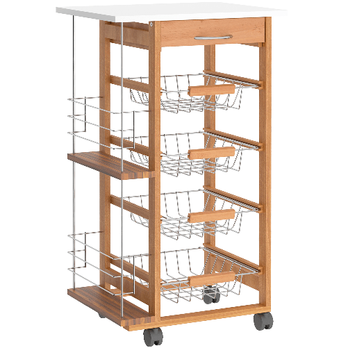 HOMCOM-Carrello-da-Cucina-in-Legno-Marrone-con-1-Cassetto-e-4-Cestelli-Metallici
