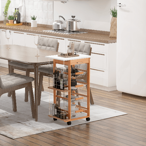 HOMCOM-Carrello-da-Cucina-in-Legno-Marrone-con-1-Cassetto-e-4-Cestelli-Metallici