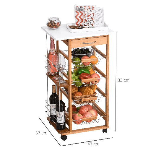 HOMCOM-Carrello-da-Cucina-in-Legno-Marrone-con-1-Cassetto-e-4-Cestelli-Metallici