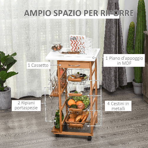 HOMCOM-Carrello-da-Cucina-in-Legno-Marrone-con-1-Cassetto-e-4-Cestelli-Metallici