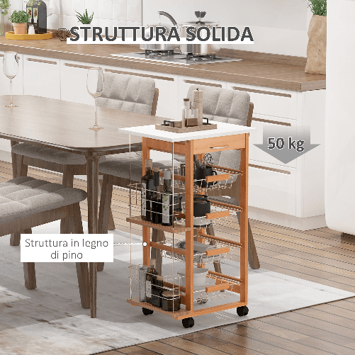 HOMCOM-Carrello-da-Cucina-in-Legno-Marrone-con-1-Cassetto-e-4-Cestelli-Metallici