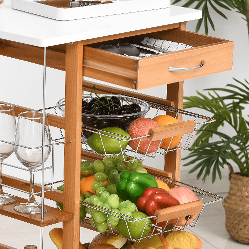 HOMCOM-Carrello-da-Cucina-in-Legno-Marrone-con-1-Cassetto-e-4-Cestelli-Metallici