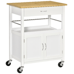 HOMCOM Carrello Cucina con Cassetto Armadietto e Scaffale, Carrellino Portavivande con Piano in Bambù e 4 Ruote, Bianco