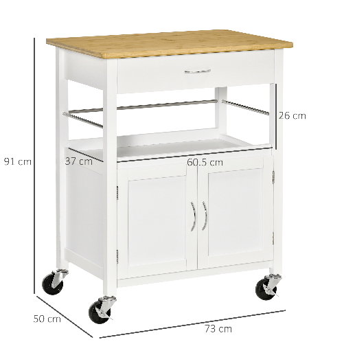 HOMCOM-Carrello-Cucina-con-Cassetto-Armadietto-e-Scaffale-Carrellino-Portavivande-con-Piano-in-Bambu-e-4-Ruote-Bianco