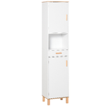 kleankin Mobile Salvaspazio Bagno in Legno Bianco, Mobile a Colonna con Armadietti e Cassetto 39x30x180cm