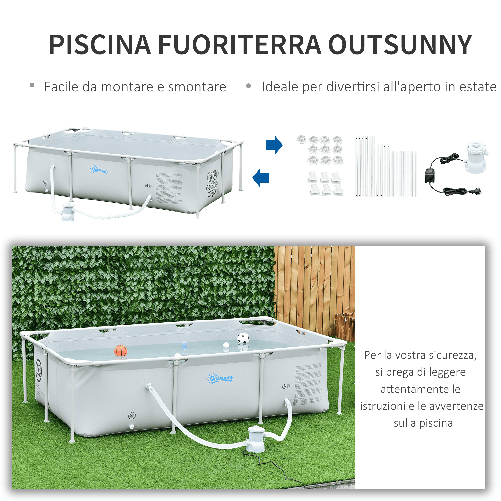 Outsunny-Piscina-Fuori-Terra-Autoportante-Piscina-Rigida-Rettangolare-con-Filtro-e-Valvola-in-Acciaio-e-PVC-Grigio-252x152x65cm