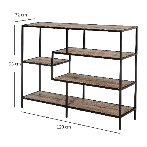 HOMCOM-Scaffale-Libreria-Asimmetrica-in-Stile-Industriale-in-Legno-e-Metallo-Nero-120x32x95cm