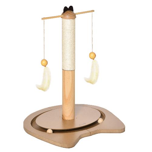 PawHut-Tiragraffi-per-Gattini-Fino-5kg-con-Piume-Palline-e-Accessori-in-Legno-40x37x51cm---Marrone-Beige