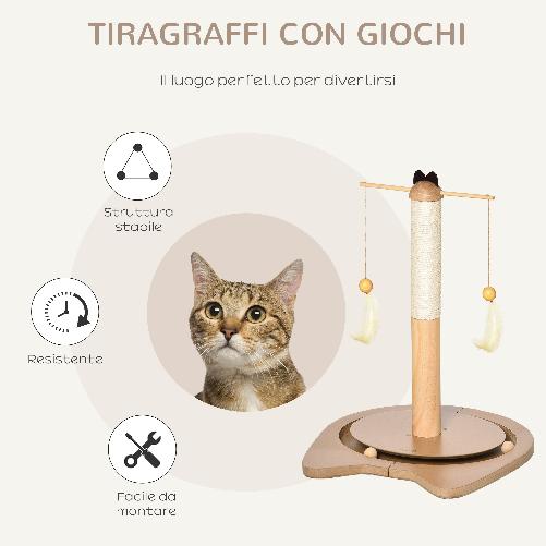 PawHut-Tiragraffi-per-Gattini-Fino-5kg-con-Piume-Palline-e-Accessori-in-Legno-40x37x51cm---Marrone-Beige