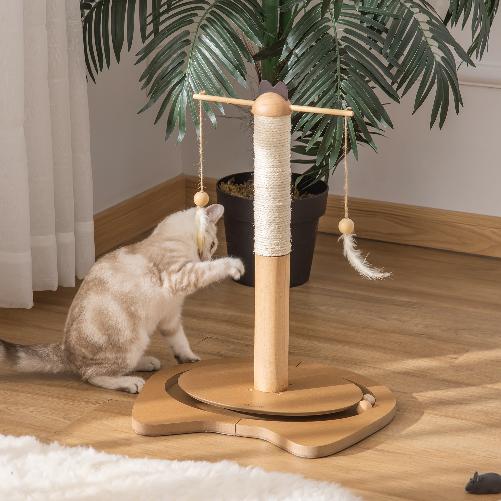 PawHut-Tiragraffi-per-Gattini-Fino-5kg-con-Piume-Palline-e-Accessori-in-Legno-40x37x51cm---Marrone-Beige