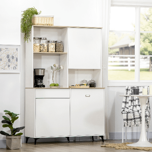 HOMCOM-Dispensa-Cucina-in-Truciolato-e-MDF-con-Ripiani-Aperti-Armadietti-e-Cassetto-119x41x180-cm-Bianco